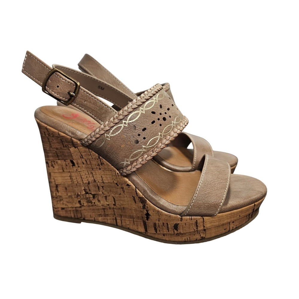 Jellypop Sz 6M Taupe Cork Wedge Platform Sandals Ankle‎ Strap Laser-cut #322